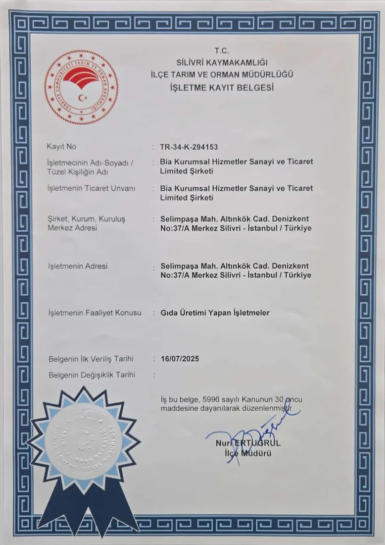 Hünkar Yemek Catering kalite belgesi 1