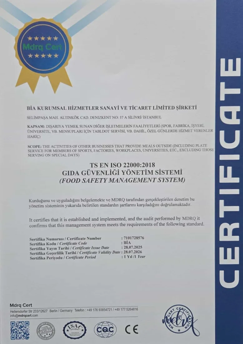 Hünkar Yemek Catering kalite belgesi 2
