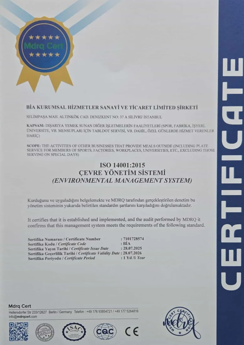 Hünkar Yemek Catering kalite belgesi 6